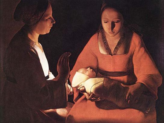 Afb.: de Nieuw Geborene, Georges de la Tour, 1640, olie op doek, 76 x 91 cm, Musée des Beaux-Arts, Rennes, - voorzijde Kerstwenskaart Mariaparochie 2022.